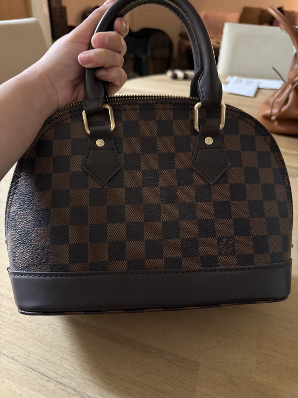 Classic Brown Checkered Dome Satchel with Gold Accents